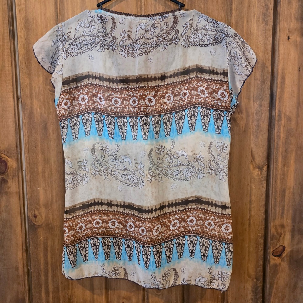 Rave Blouse Womens Small Brown Blue Excellent Paisley Empire Waist Sheer‎ Top - Picture 5 of 5